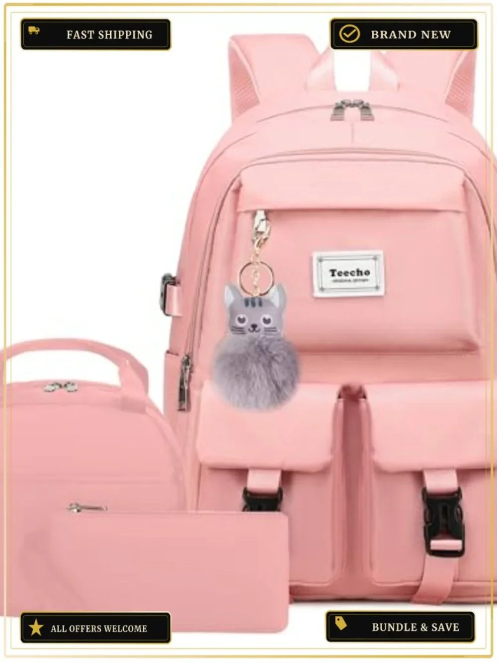 Waterproof 3-Piece School Backpack Set with Laptop Sleeve, Lunch Bag & Pencil